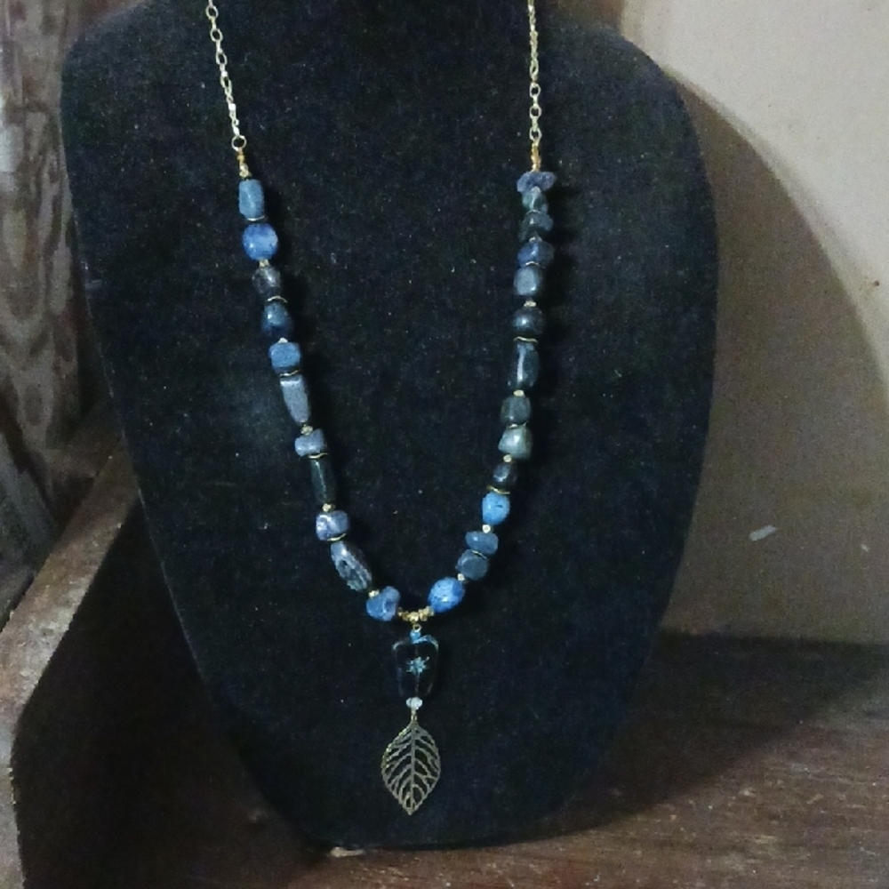 Handcrafted Elegant Blue Beaded Necklace with Gold Leaf Pendant